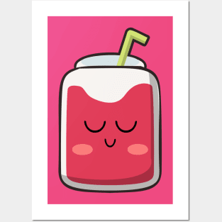 Kawaii Cute strawberry fruit juice drink Posters and Art